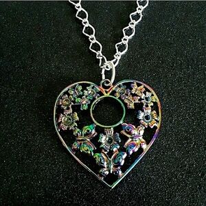 Large rainbow heart titanium look floral pendant on 20 inch silver necklace new